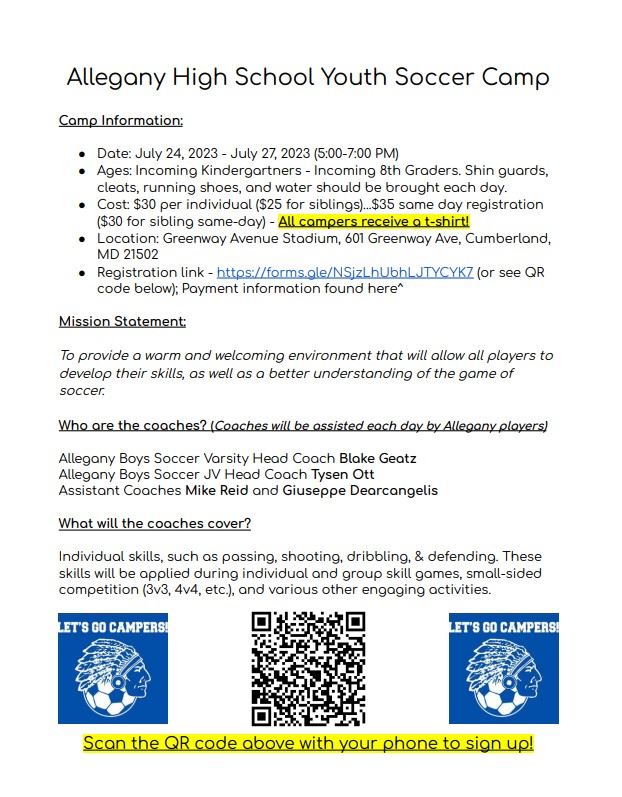  Allegany High School Youth Soccer Camp